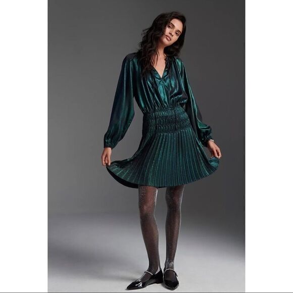 Anthropologie Dresses & Skirts - NEW Anthropologie Current Air Drea Holly Shimmer Pleated V-Neck Mini Dress Small